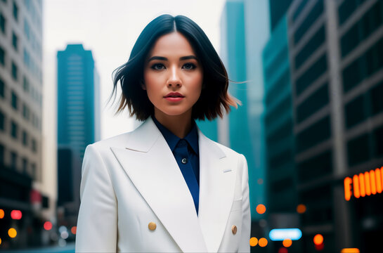 Close-up portrait of beautiful stylish confident modern Asian woman or girl with makeup, short black hair in white jacket on big city street with skyscrapers. Generative AI.