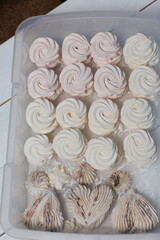 Marshmallows on trays. Homemade zephyr. Close-up.