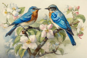 Two birds sitting on a branch with flowers and leaves around them, painted in watercolor on a white background with a blue border around the edges. Generative Ai