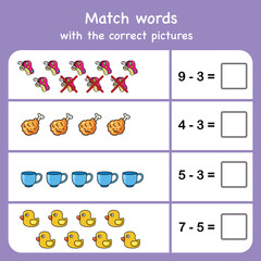 subtract and match with pictures. Educational worksheet for preschool
