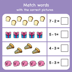subtract and match with pictures. Educational worksheet for preschool