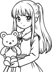 Anime cute girl with a soft bear. Coloring book for children.