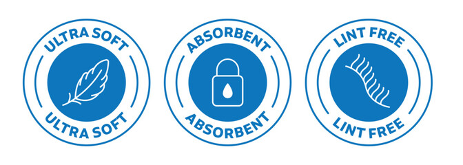 Icon set of Ultra soft, Absorbent, and Lint free. Rounded outlined vector icons in blue color.
