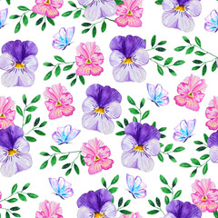 Watercolor pink and purple pansy flowers seamless pattern botanical background for gift paper, fabric, decorations