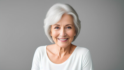 Happy confident mature senior woman with natural skin, healthy grey hair and white teeth. Grey background with copy space. Generative AI