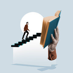 The man climbs the stairs to the open book. Art collage.