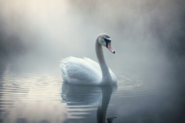 a white swan on a calm lake in the fog. Generative AI