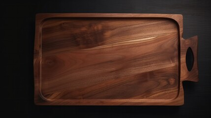 Wooden tray, cutting board. Dark background. Copy space. Top view. Generative AI.