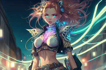 Obraz premium Woman with colorful, messy, and glowing hair stands on a busy street in a futuristic metropolis. AI generated