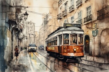 Fototapeta na wymiar Old Tram Lisbon Portugal. Watercolor Travel Sketch. Lisbon cityscape. Portugal Architecture. Streets of the old city. Generative AI