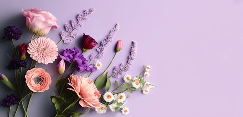 Top view image of pink and purple flowers composition over pastel background, copy space by ai generative