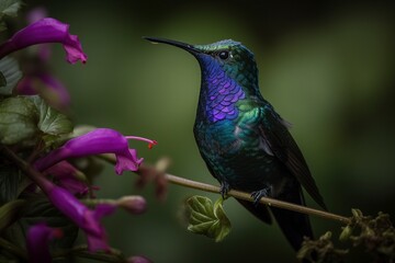 Fototapeta premium Violet - crowned Woodnymph hovers near a brightly colored flower, its shimmering green and purple feathers Generative AI