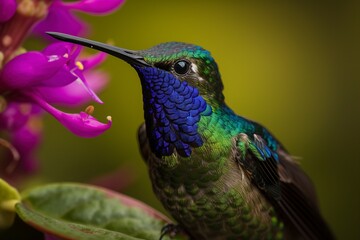 Fototapeta premium Violet - crowned Woodnymph hovers near a brightly colored flower, its shimmering green and purple feathers Generative AI