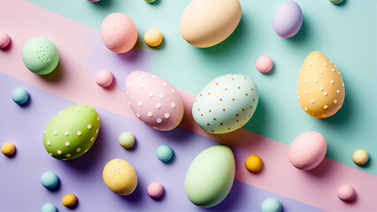 Fototapeta na wymiar Pastel colors Easter eggs on bright background, Illustration created with generative AI tools.