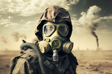 Man in gas mask for chemical protection, apocalyptic smoke in desert background. Nuclear pollution, environmental disaster concept. Futuristic post apocalypse stalker soldier, male face portrait