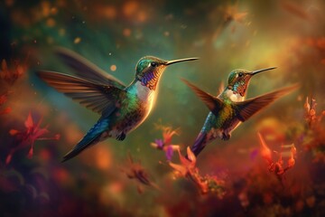 Fototapeta na wymiar Graceful Hummingbirds in Mid-Flight Feeding on Vivid Flowers by Generative AI