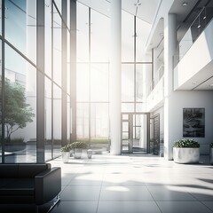 In the backdrop of a hotel or office building lobby, there is a fuzzy inner view of the reception area, a contemporary luxury white room, and a building glass wall window. Generative Ai.