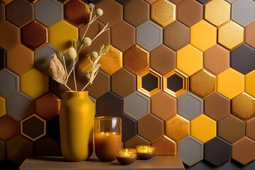 honeycomb mosaic wallpaper in color, mastic and jaude mostard. Generative AI.