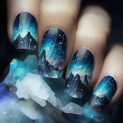 Twilight Skies Nails with a Blue and White Celestial Design Generated by AI