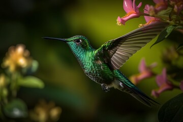 Obraz premium Brilliant Andean Emerald Hovering Mid-Air with Reflective Green Feathers by Generative AI