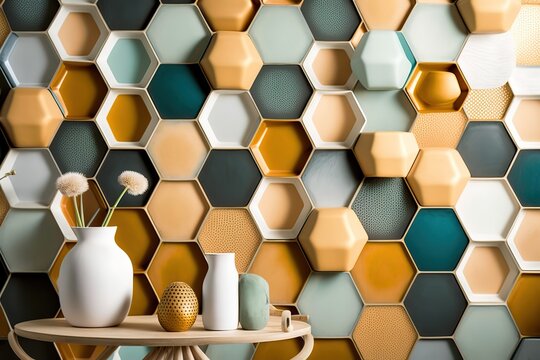 honeycomb mosaic wallpaper in color, mastic and jaude mostard. Generative AI.