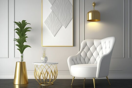 Interior composition with a soft armchair, a table and a golden lamp stock photo Living Room, Chair, Wall - Building Feature, White Color, Modern. Generative Ai.