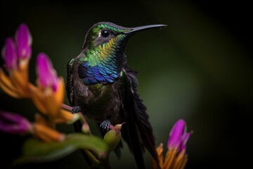 Fototapeta premium Iridescent Beauty: Black-Throated Mango Hummingbird and Colorful Flower Generative Ai