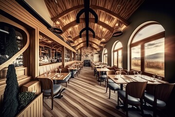 Fototapeta na wymiar Interior of restaurant. Panorama. Wooden design. Generative Ai.