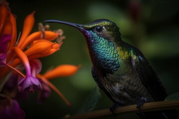 Fototapeta premium Iridescent Beauty: Black-Throated Mango Hummingbird and Colorful Flower Generative Ai