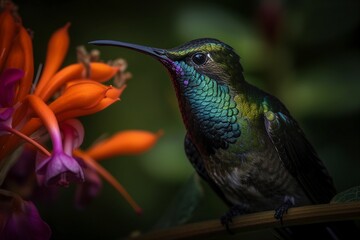 Iridescent Beauty: Black-Throated Mango Hummingbird and Colorful Flower Generative Ai