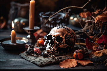 Decorative Skull with candles and dry autumn leaves. Halloween decoration of a witch house. Wallpaper, poster created with Generative AI