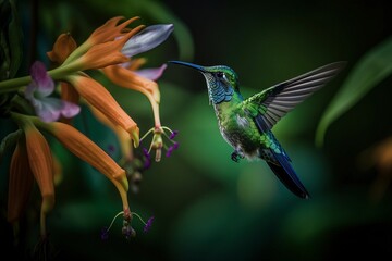 Shimmering Flight: Booted Racket-tail Hummingbird in Mid-Air, Generative AI