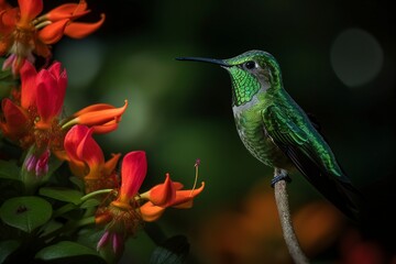 A Green-crowned Brilliant hovers near a cluster of brightly colored flowers, its emerald-green feathers