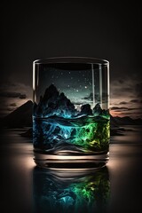 Glass Cup Containing a Turbulent and Colorful Celestial Ocean Generated by AI