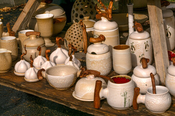 Traditional homemade pottery at a traditional crafts fair.
