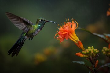 Fototapeta premium Sword-billed Hummingbird and Colorful Flower Generative AI