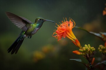 Sword-billed Hummingbird and Colorful Flower Generative AI