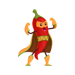 Cartoon chili pepper superhero character, vector funny red jalapeno vegetable in super hero cloak and mask demonstrating power and muscles. Fairytale personage, isolated chilli, healthy spice food