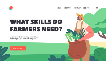 Farmer Skills Landing Page Template. Female Character With Sack Overflowing With Freshly Picked Greens, Illustration