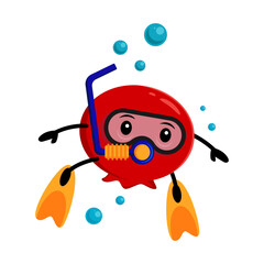 Cartoon pomegranate fruit character diving in sea under water with scuba dive or snorkeling equipment. Vector positive vitamin garnet in fins, mask and tube. Isolated personage having fun at depth
