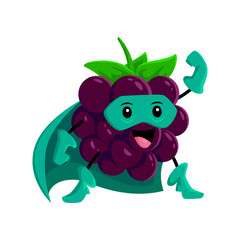 Cartoon blackberry berry superhero vector character. Super hero defender personage in cape and mask stand with raised arm. Funny cheerful fairytale healthy food, brave vigilante ready for feat