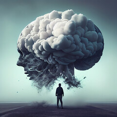 Huge dark cloud over a man on a road, depression and negative thoughts, mental health, burn out and stress, generative AI - obrazy, fototapety, plakaty