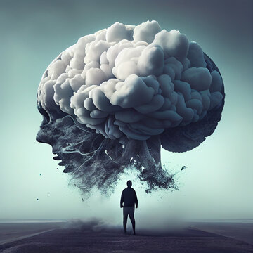 Huge dark cloud over a man on a road, depression and negative thoughts, mental health, burn out and stress, generative AI