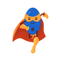 Cartoon potassium kalium superhero micronutrient character. Isolated vector funny K fairytale nutrient. Mineral bubble defender in super hero cloak and mask. comics book supplement capsule personage