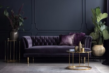 Chic Modern Living Room: Blue-Gray Walls with a Dark Purple Couch and Golden Accents: Generative AI