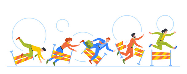 Business Characters Falling Over An Obstacles During Race Symbolizing The Hurdles And Challenges In Entrepreneurship