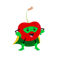 Cartoon cherry berry superhero character. Funny vector super hero garden plant personage in cape and mask demonstrating strength and power with confident pose. Isolated healthy smiling vigilante