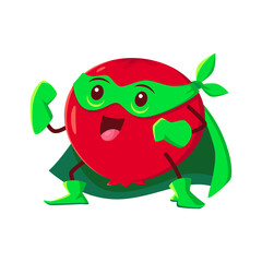 Cartoon cranberry berry superhero character. Vector funny super hero mooseberry comics book personage in mask and cloak with cute smiling face. Isolated fairy tale plant for kids menu, book or game