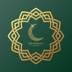Eid Mubarak Islamic greeting card background vector illustration. abstract seamless pattern with gold crescent moon calligraphic	
