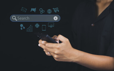 search engine optimization concept woman using a smartphone To find Searching Browsing Internet...